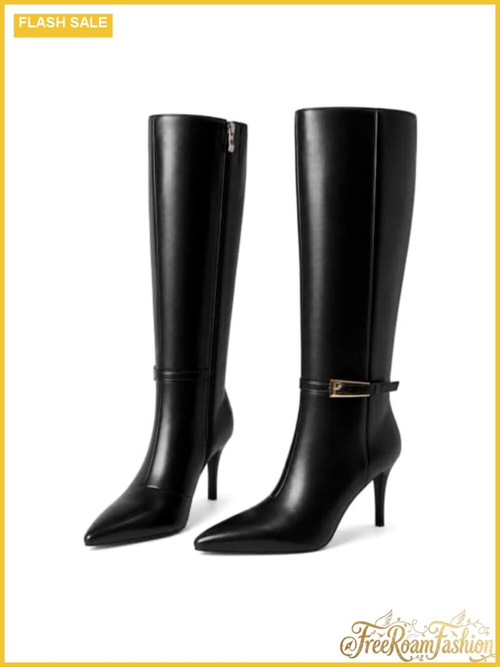 Faux Leather Knee High Heeled Boots Pointed Toe Tall Dress Boots